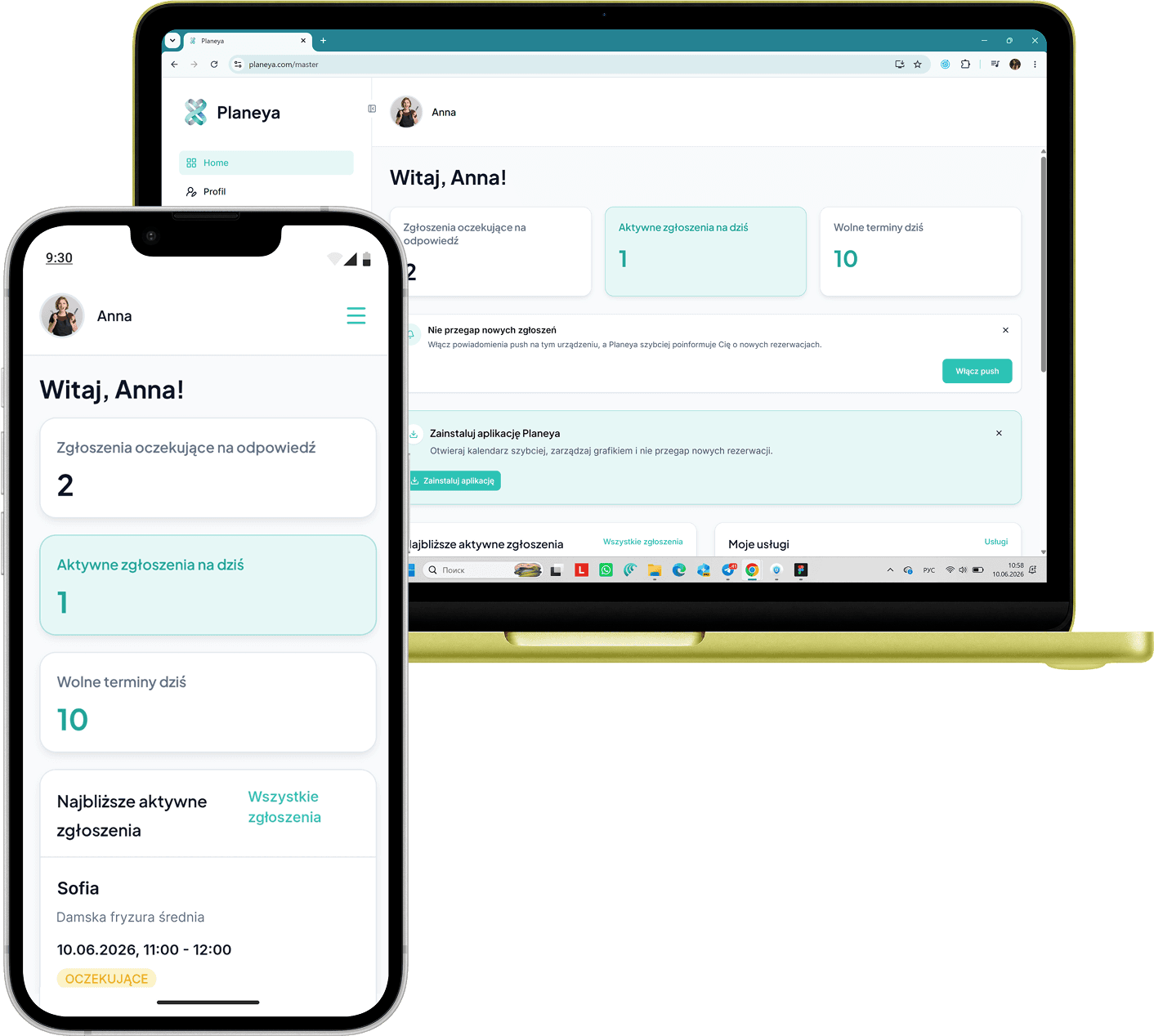 Interfejs Planeya na komputerze i telefonie: zgłoszenia, grafik i strona specjalisty